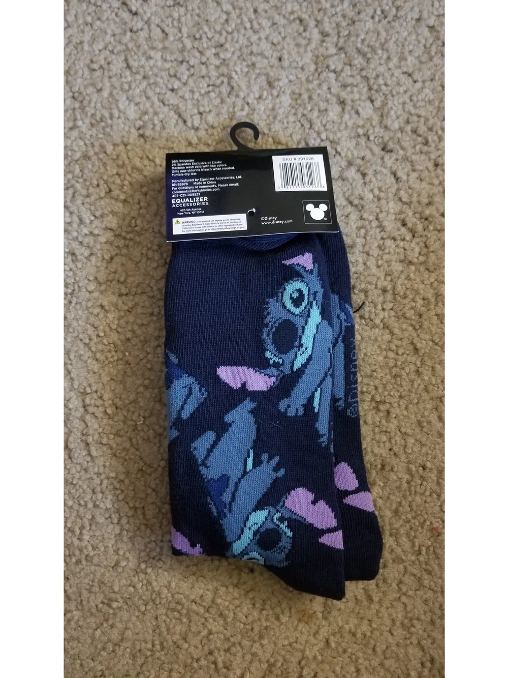 Disney Men's Crew Socks - Navy with Blue & Purple Stitch Pattern